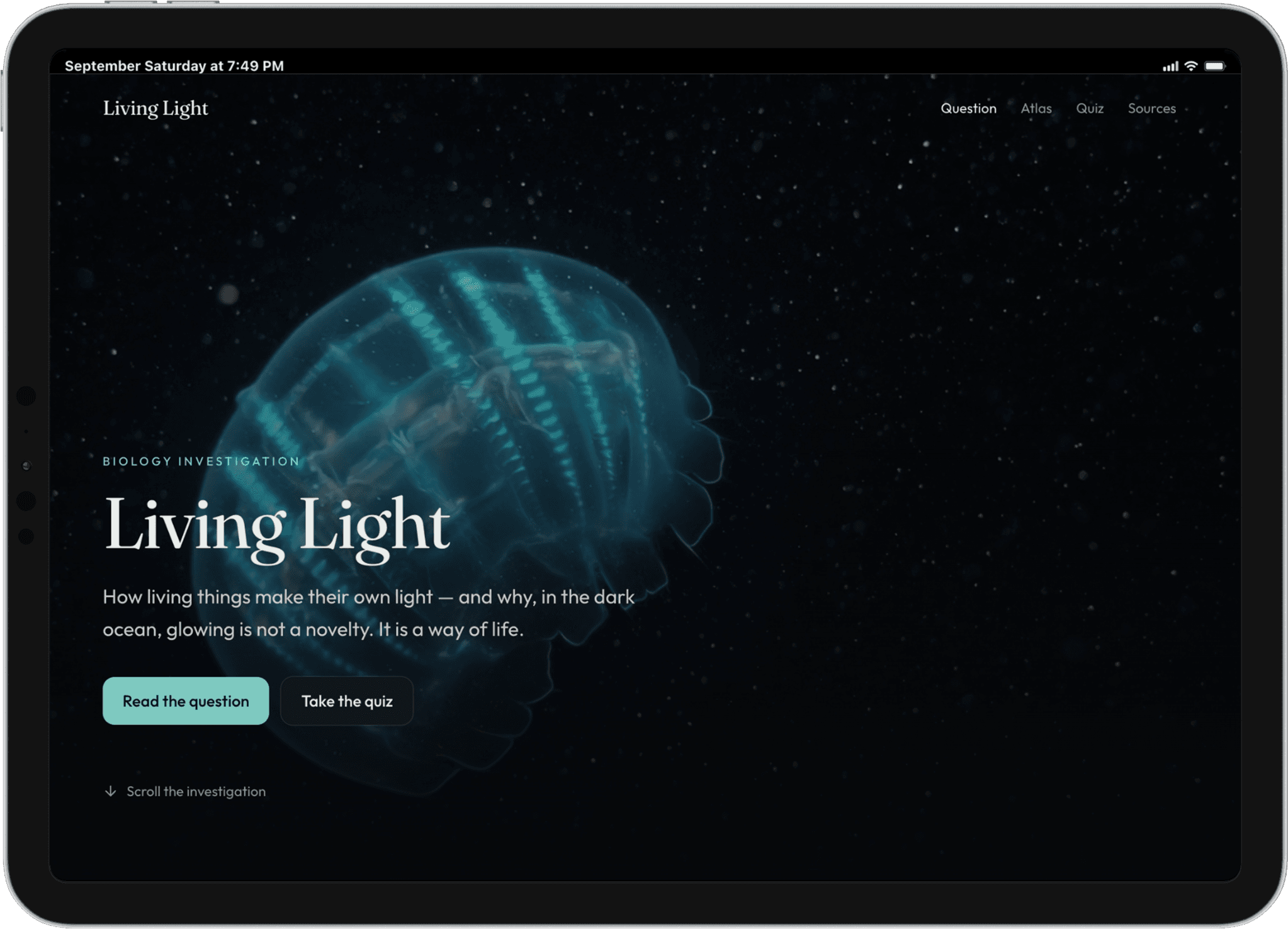 Living Light biology investigation displayed on a landscape iPad, featuring a glowing marine organism and links to the question and quiz
