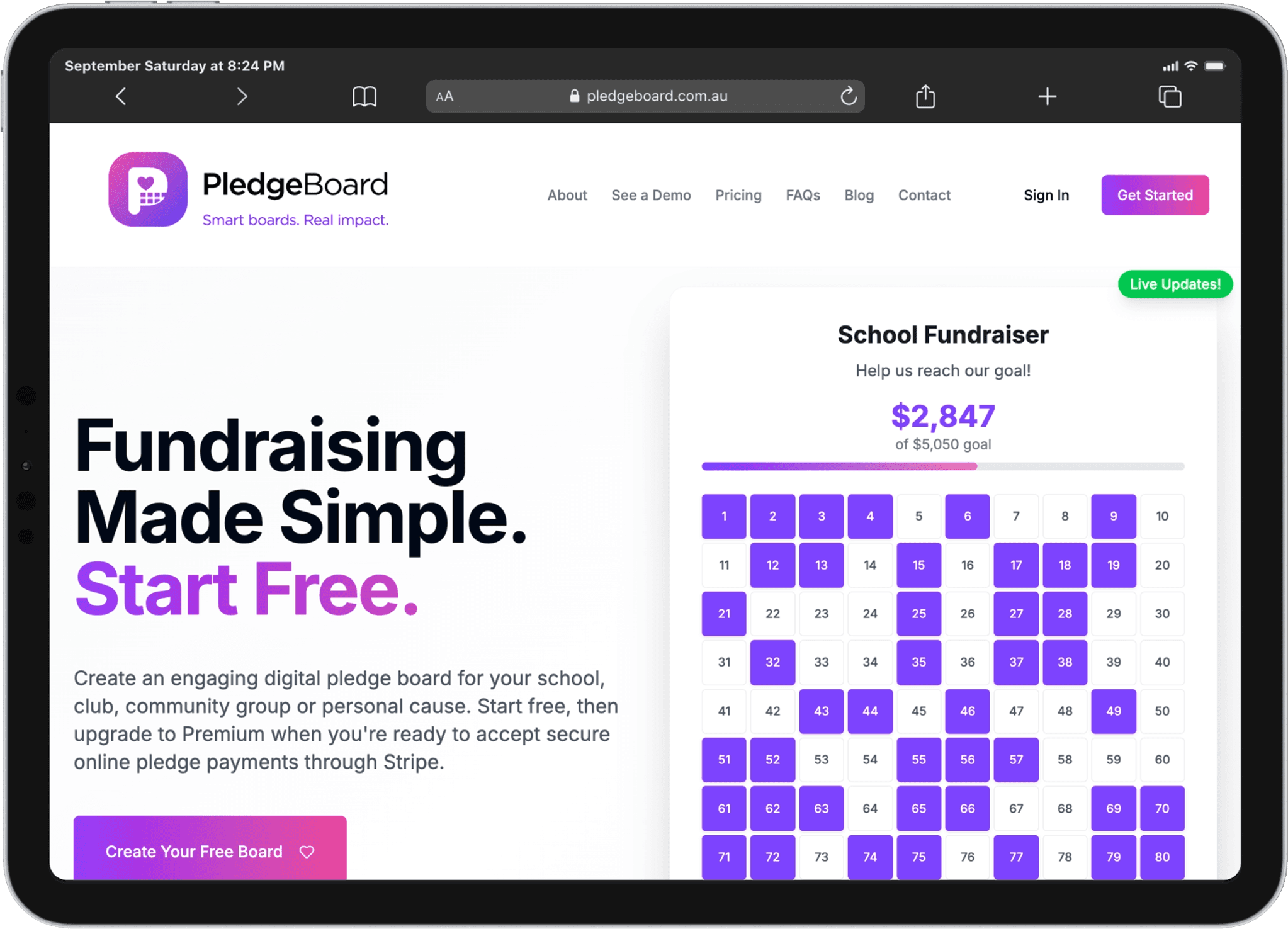 PledgeBoard fundraising website displayed on a landscape iPad, featuring a school fundraiser number board and campaign progress