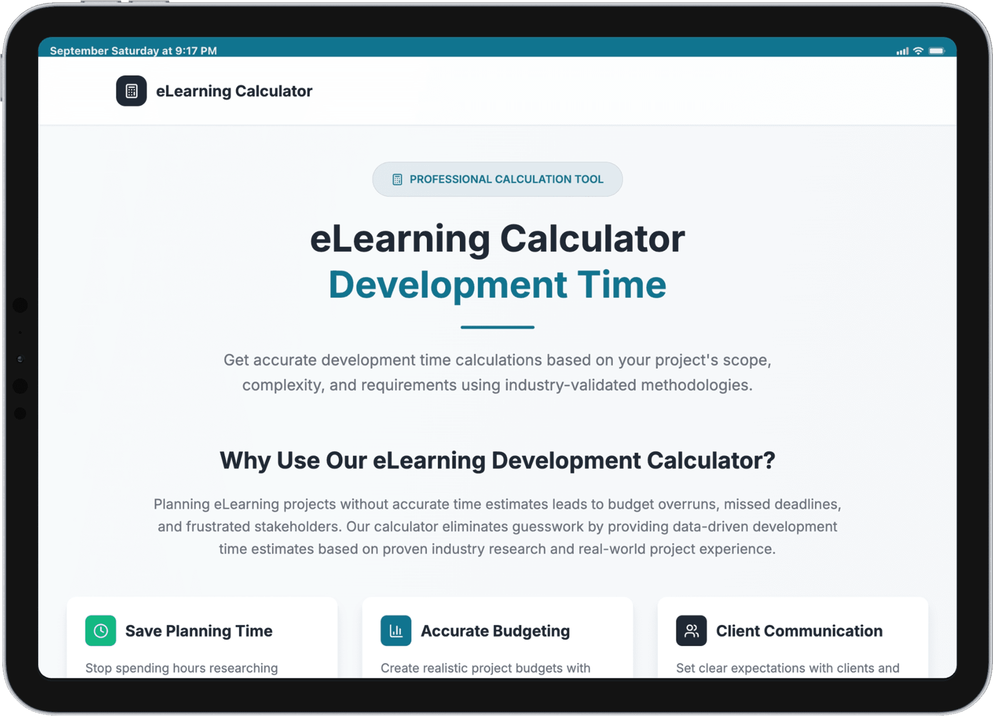 eLearning Calculator website displayed on a landscape iPad, introducing development time estimates and benefits for planning, budgeting and client communication