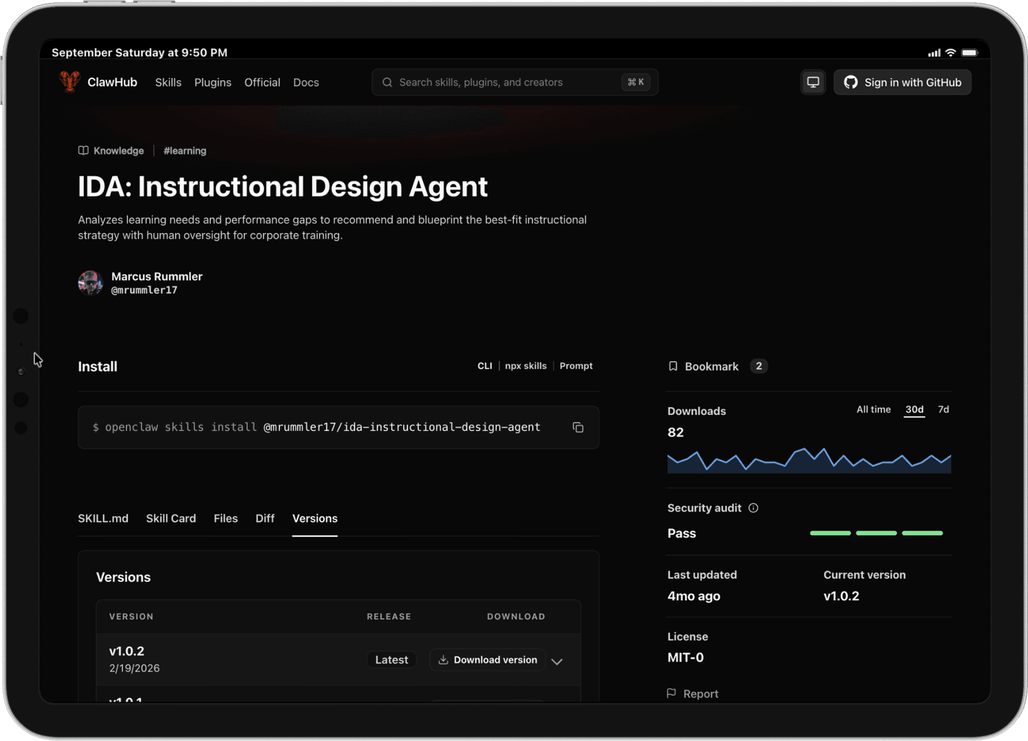 IDA Instructional Design Agent listing on ClawHub displayed on a landscape iPad, showing installation instructions, versions and project information