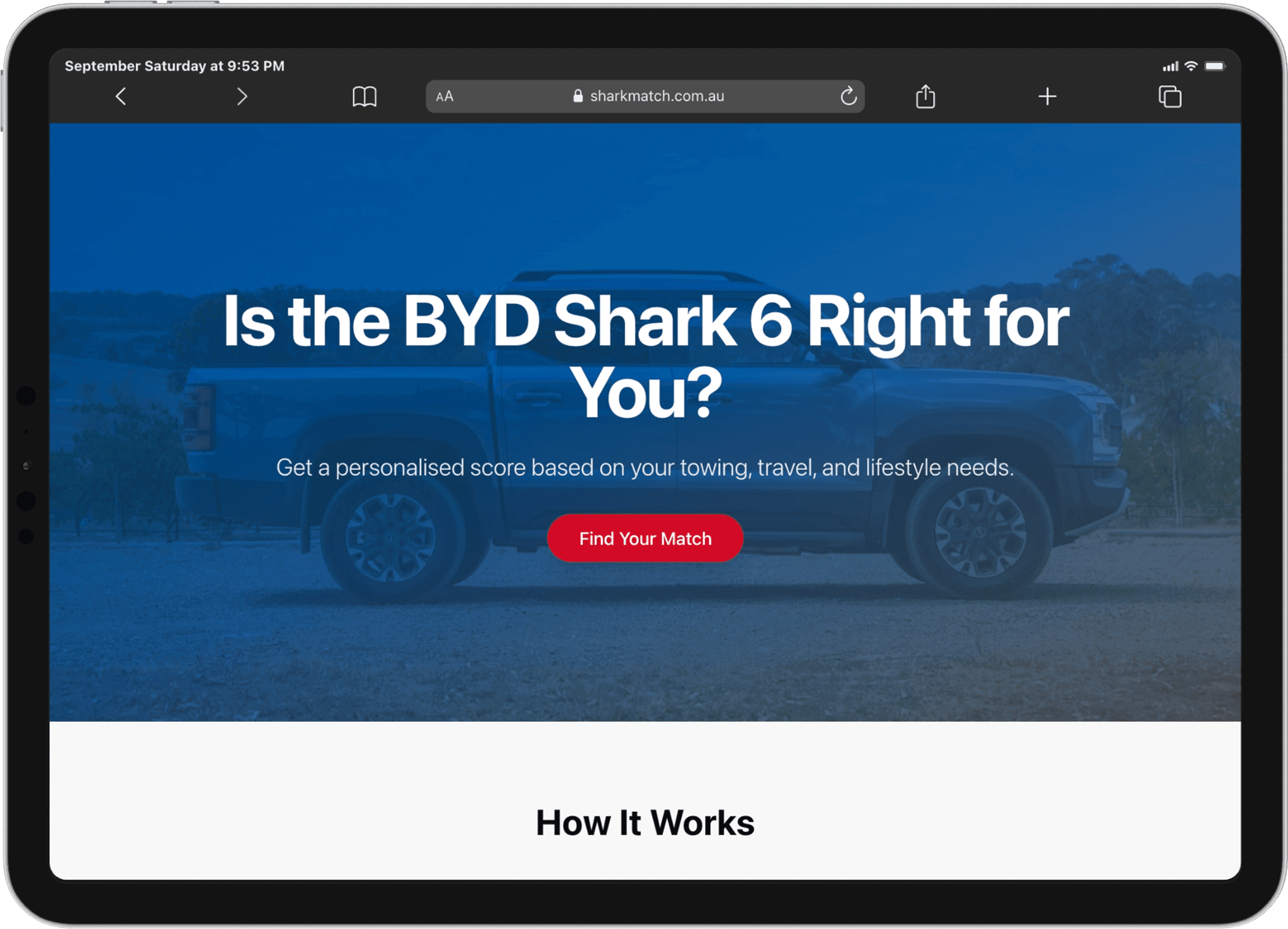 Shark Match website displayed on a landscape iPad, featuring a BYD Shark 6 pickup and the Find Your Match button