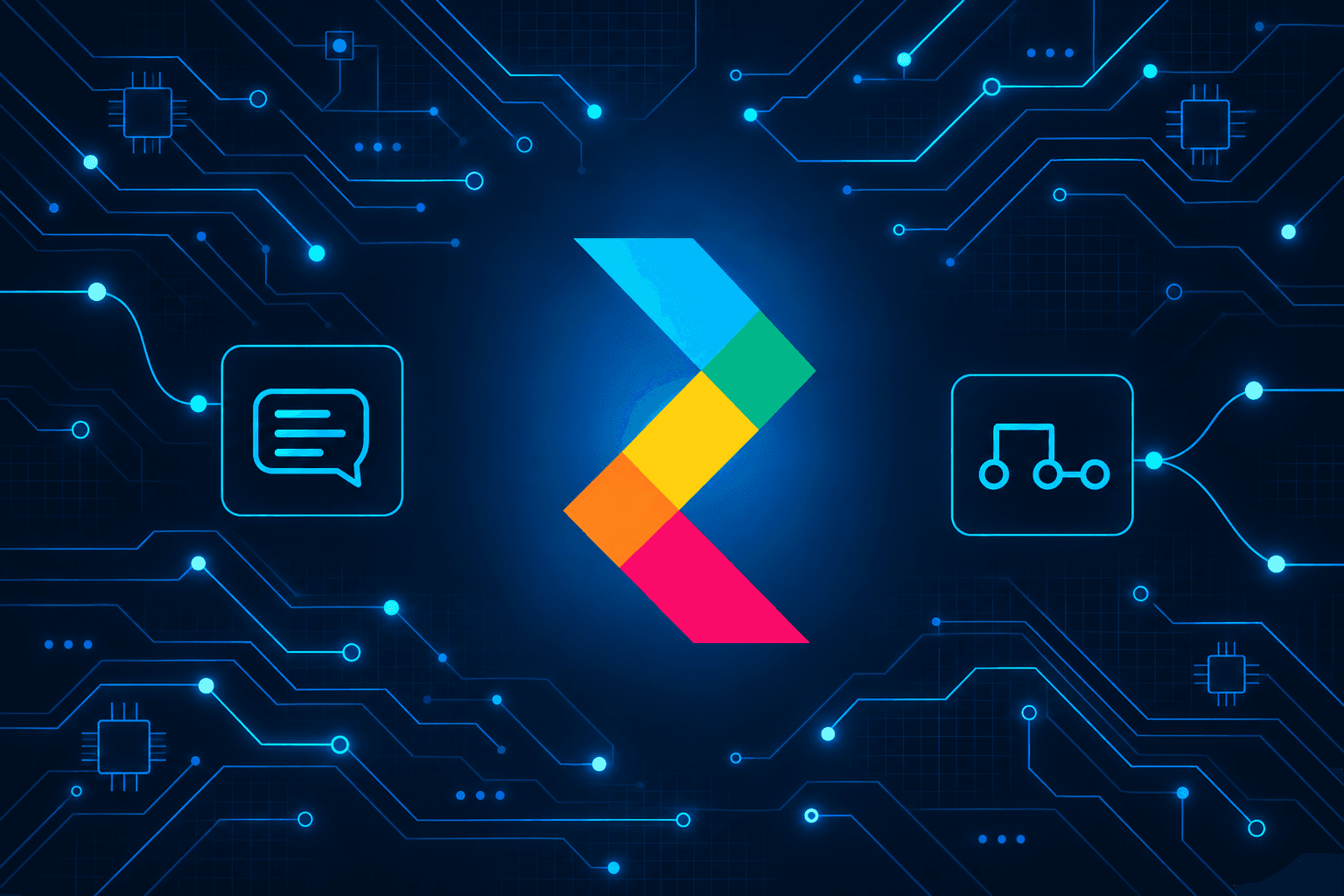 RETSA brand mark surrounded by blue circuitry, communication and workflow icons