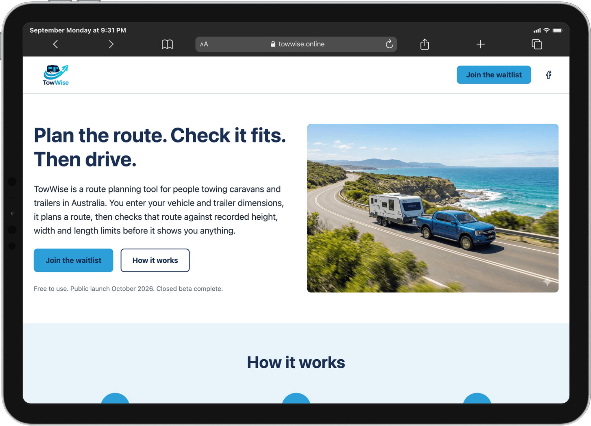 Updated TowWise website displayed on a landscape iPad, featuring the headline Plan the route. Check it fits. Then drive., waitlist buttons, and a vehicle towing a caravan along a coastal road