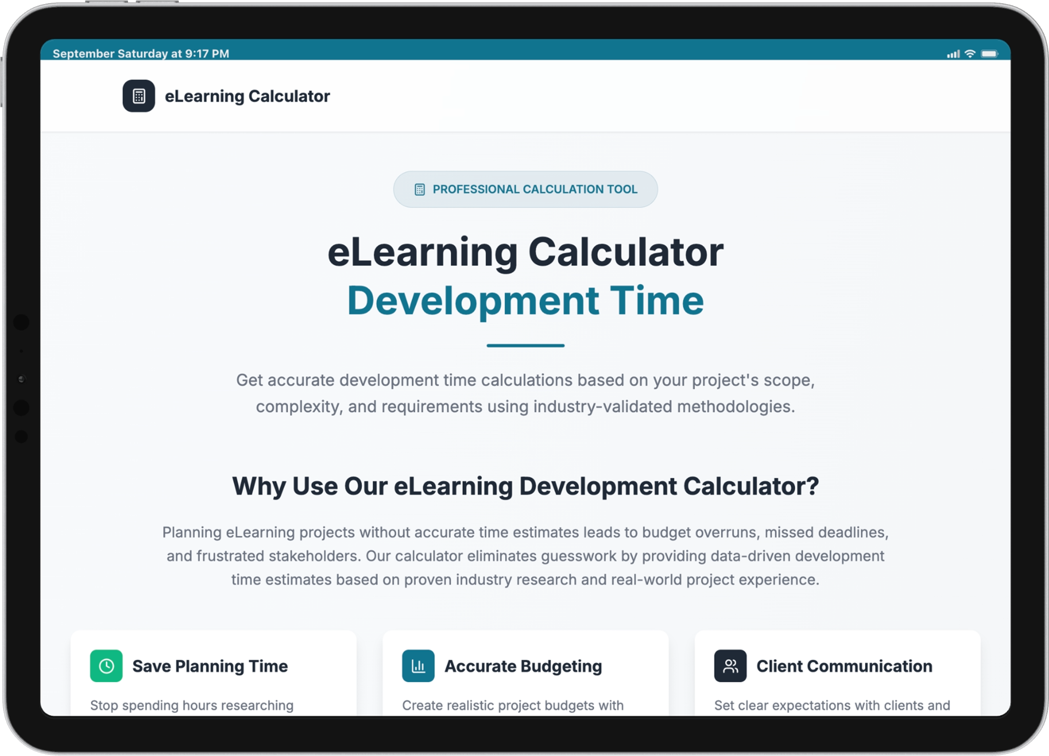 eLearning Calculator website displayed on a landscape iPad, introducing development time estimates and benefits for planning, budgeting and client communication