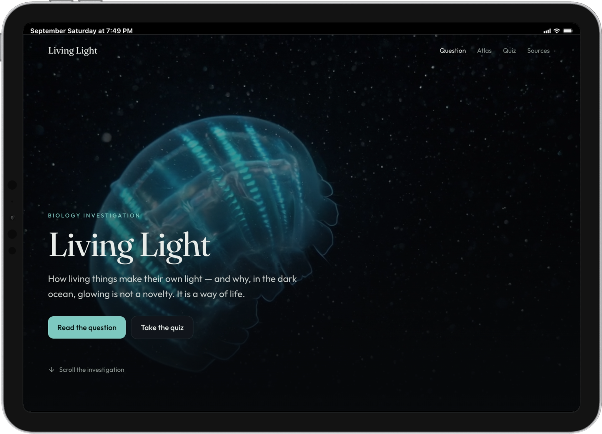 Living Light biology investigation displayed on a landscape iPad, featuring a glowing marine organism and links to the question and quiz